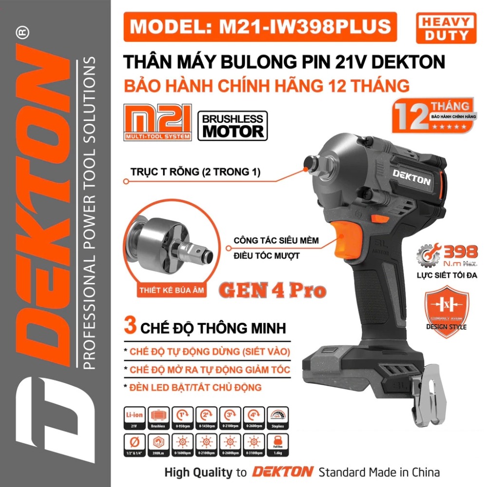 Máy siết bu lông 2 trong 1 dùng pin 21V Dekton M21-IW398PLUS 2 M21-IW398PLUS