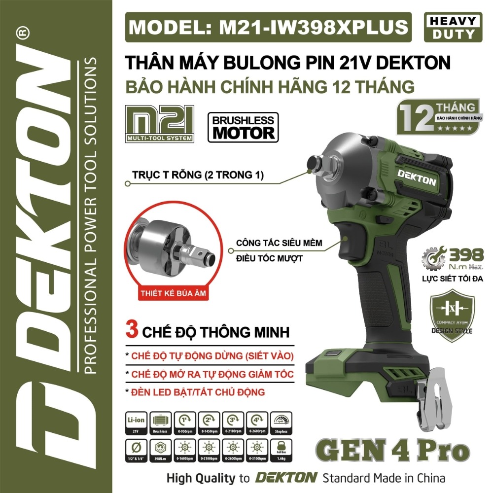 Máy siết bu lông 2 trong 1 dùng pin 21V Dekton M21-IW398XPLUS (màu olive) 2 M21-IW398XPLUS