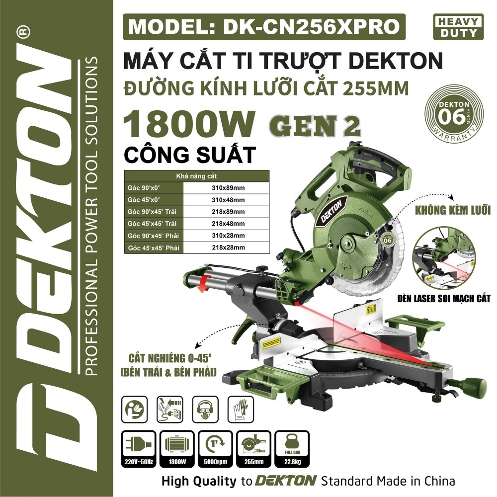 Máy cắt nhôm trượt 1800W 255mm Dekton DK-CN256XPRO (màu olive) 2 máy cắt nhôm Dekton DK-CN256XPRO (2)