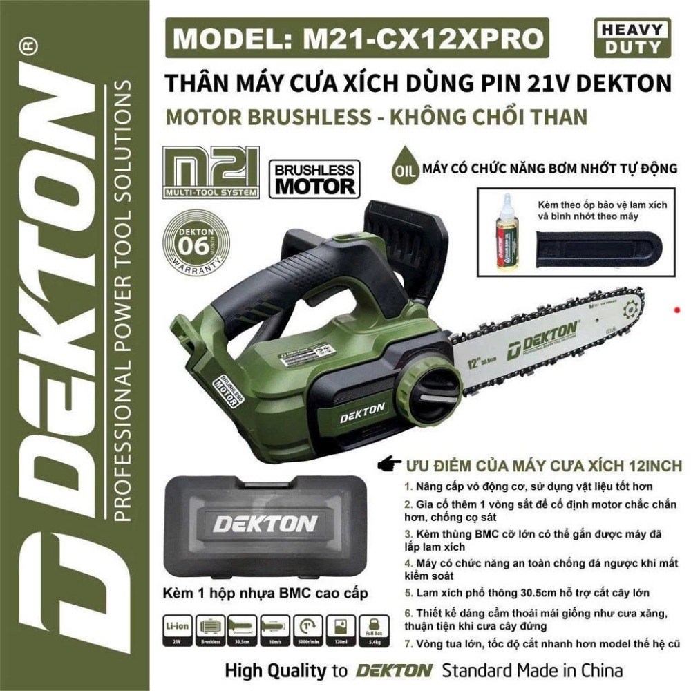 Máy cưa xích 12 inch dùng pin 21V Dekton M21-CX12XPRO (màu olive) 2 máy cưa xích dùng pin Dekton M21-CX12XPRO (2)