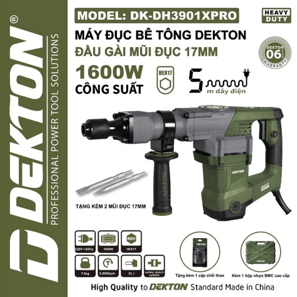 Máy đục bê tông 17mm 1600W Dekton DK-DH3901XPRO (màu olive) 2 máy đục bê tông Dekton DK-DH3901XPRO (2)