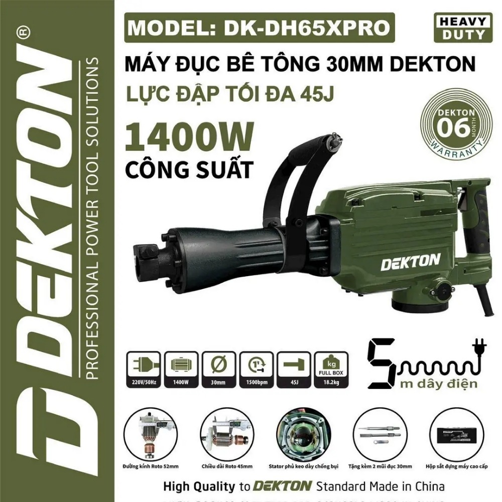 Máy đục bê tông 30mm 1400W Dekton DK-DH65XPRO (màu olive) 2 máy đục bê tông Dekton DK-DH65XPRO (2)