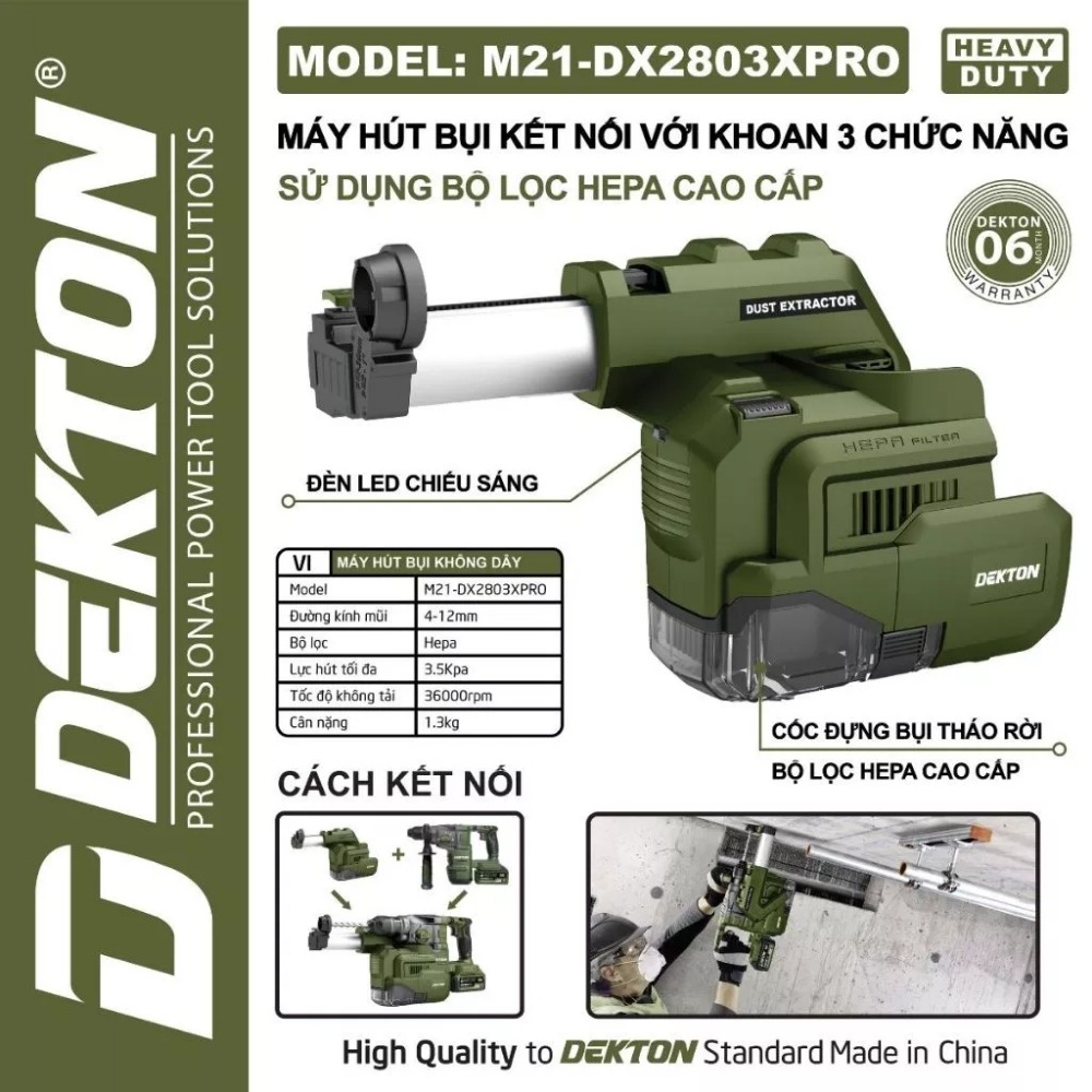 Máy hút bụi cho máy khoan bê tông pin Dekton M21-DX2803XPRO (màu olive) 2 máy hút bụi kết nối máy khoan bê tông Dekton M21-DX2803XPRO (2)