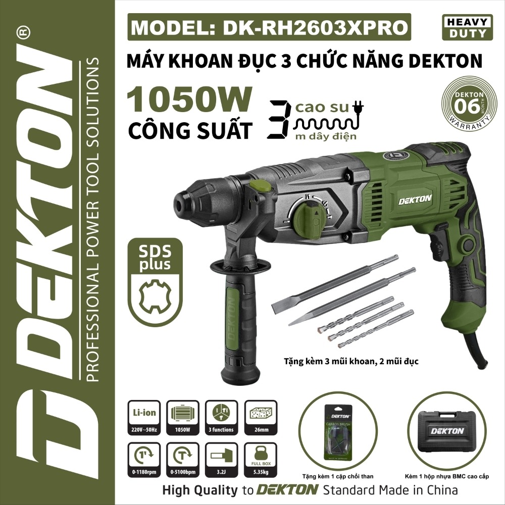 Máy khoan đục bê tông 1050W Dekton DK-RH2603XPRO (màu olive) 2 máy khoan đục bê tông Dekton DK-RH2603XPRO (2)