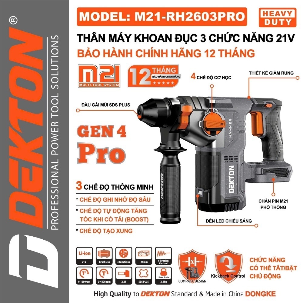 Máy khoan bê tông dùng pin 21V Dekton M21-RH2603PRO (GEN 4 PRO) 2 máy khoan đục bê tông dùng pin Dekton M21-RH2603PRO (2)