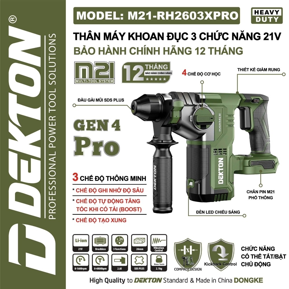 Máy khoan bê tông dùng pin 21V M21-RH2603XPRO (GEN 4 PRO) 2 máy khoan đục bê tông dùng pin Dekton M21-RH2603XPRO (2)