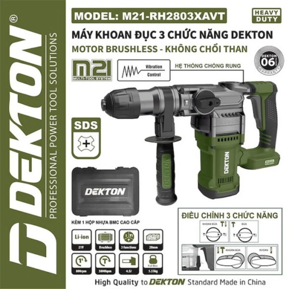 Máy khoan bê tông dùng pin 21V Detkon M21-RH2803XAVT (màu olive) 2 máy khoan đục bê tông dùng pin Dekton M21-RH2803XAVT (2)