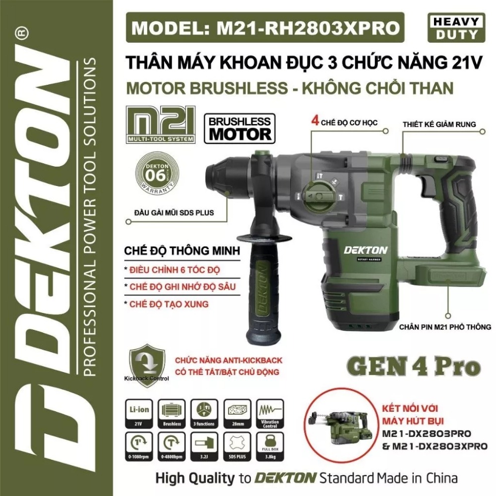 Máy khoan bê tông dùng pin 21V Dekton M21-RH2803XPRO (GEN 4 PRO) 2 máy khoan đục bê tông dùng pin Dekton M21-RH2803XPRO (2)