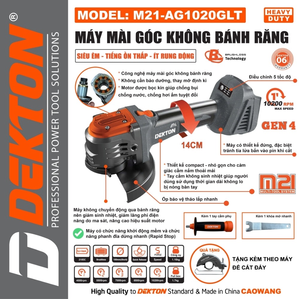 Máy mài góc không bánh răng dùng pin 21V Dekton M21-AG1020GLT 2 máy mài góc không bánh răng Dekton M21-AG1020GLT (2)