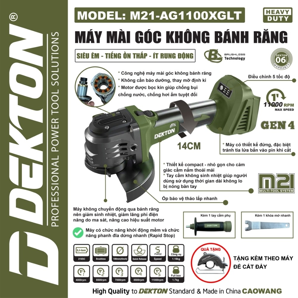 Máy mài góc không bánh răng dùng pin 21V Dekton M21-AG1100XGLT (màu olive) 2 máy mài góc không bánh răng dùng pin Dekton M21-AG1100XGLT (2)