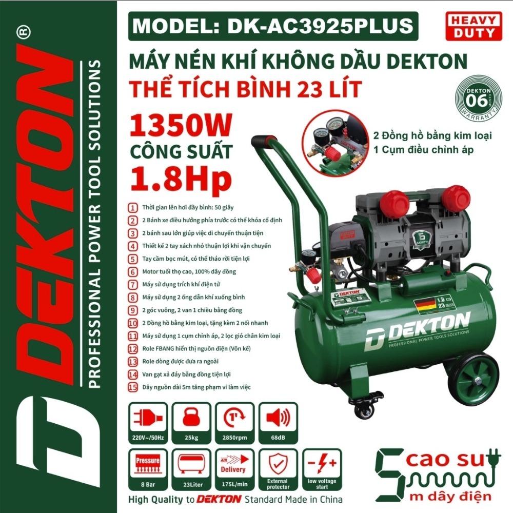 Máy nén khí không dầu 23L 1.8HP Dekton DK-AC3925PLUS (tay kéo dài) 2 máy nén khí dekton DK-AC3925PLUS (2)