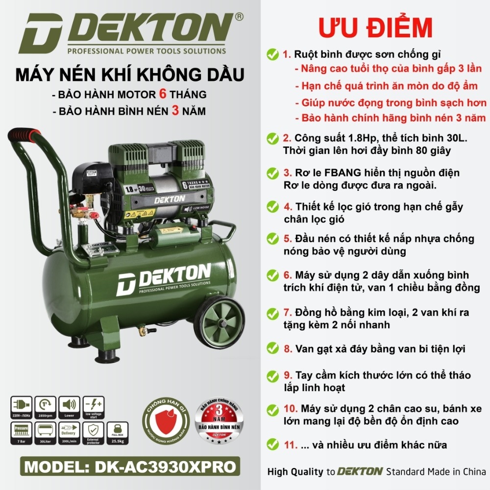 Máy nén khí không dầu 30L 1.8HP Dekton DK-AC3930XPRO (màu olive) 2 máy nén khí dekton DK-AC3930XPRO (2)
