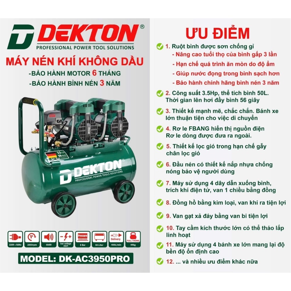 Máy nén khí không dầu 50L 3.5HP Dekton DK-AC3950PRO 2 máy nén khí dekton DK-AC3950PRO (2)