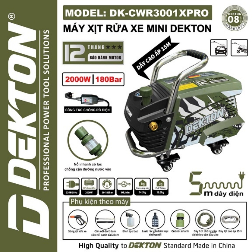 Máy rửa xe 2000W Dekton DK-CWR3001XPRO (màu olive khung sắt) 2 máy rửa xe Dekton DK-CWR3001XPRO (2)
