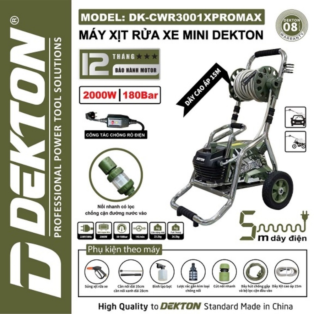 Máy rửa xe 2000W Dekton DK-CWR3001XPROMAX (màu olive khung xe đẩy) 2 máy rửa xe Dekton DK-CWR3001XPROMAX (2)