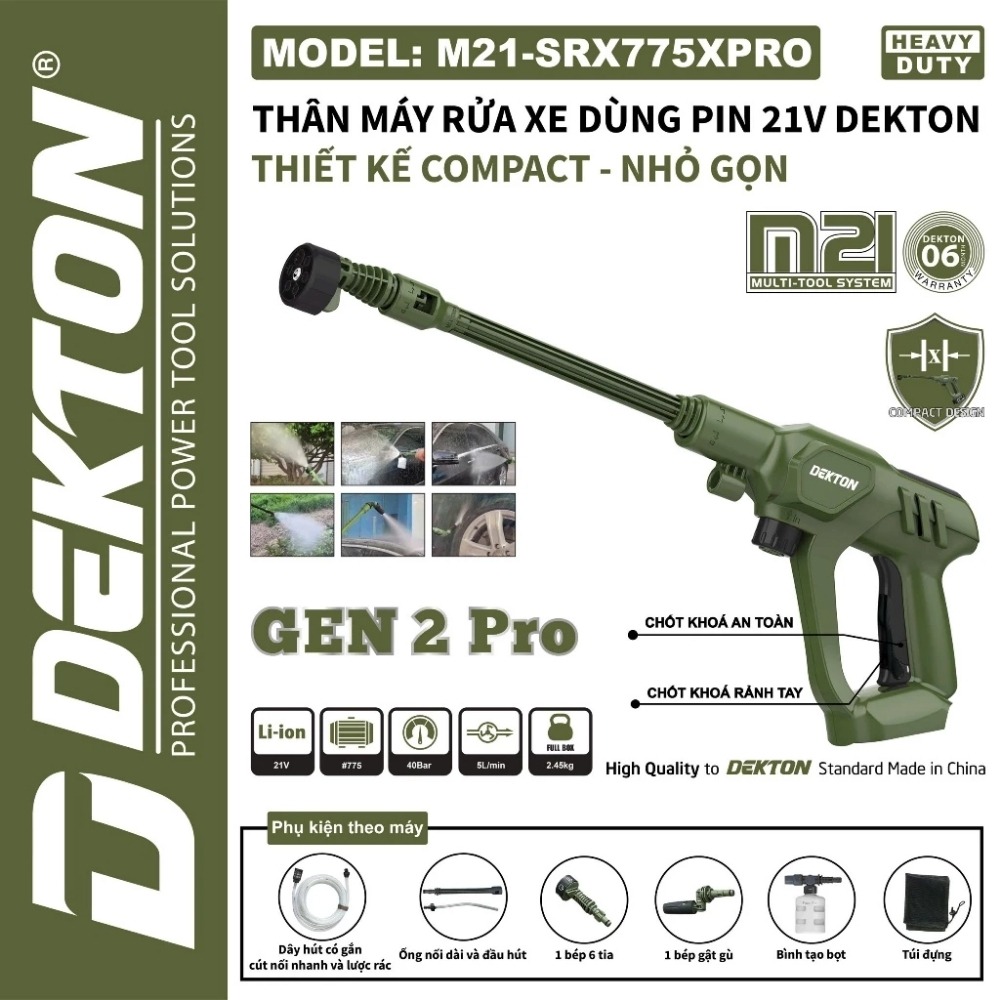 Máy xịt rửa xe dùng pin 21V Dekton M21-SRX775XPRO (màu olive) 2 máy rửa xe dùng pin Dekton M21-SRX775XPRO (2)