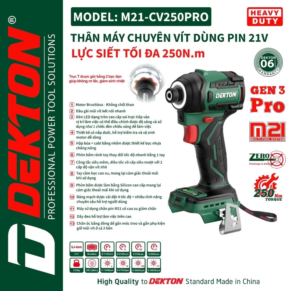Máy siết vít dùng pin 21V 250Nm Dekton M21-CV250PRO (thân máy) 2 máy siết vít dùng pin Dekton M21-CV250PRO (2)