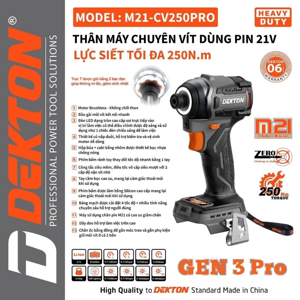 Máy siết vít dùng pin 21V 250Nm Dekton M21-CV250PRO (thân máy) 3 máy siết vít dùng pin Dekton M21-CV250PRO (3)