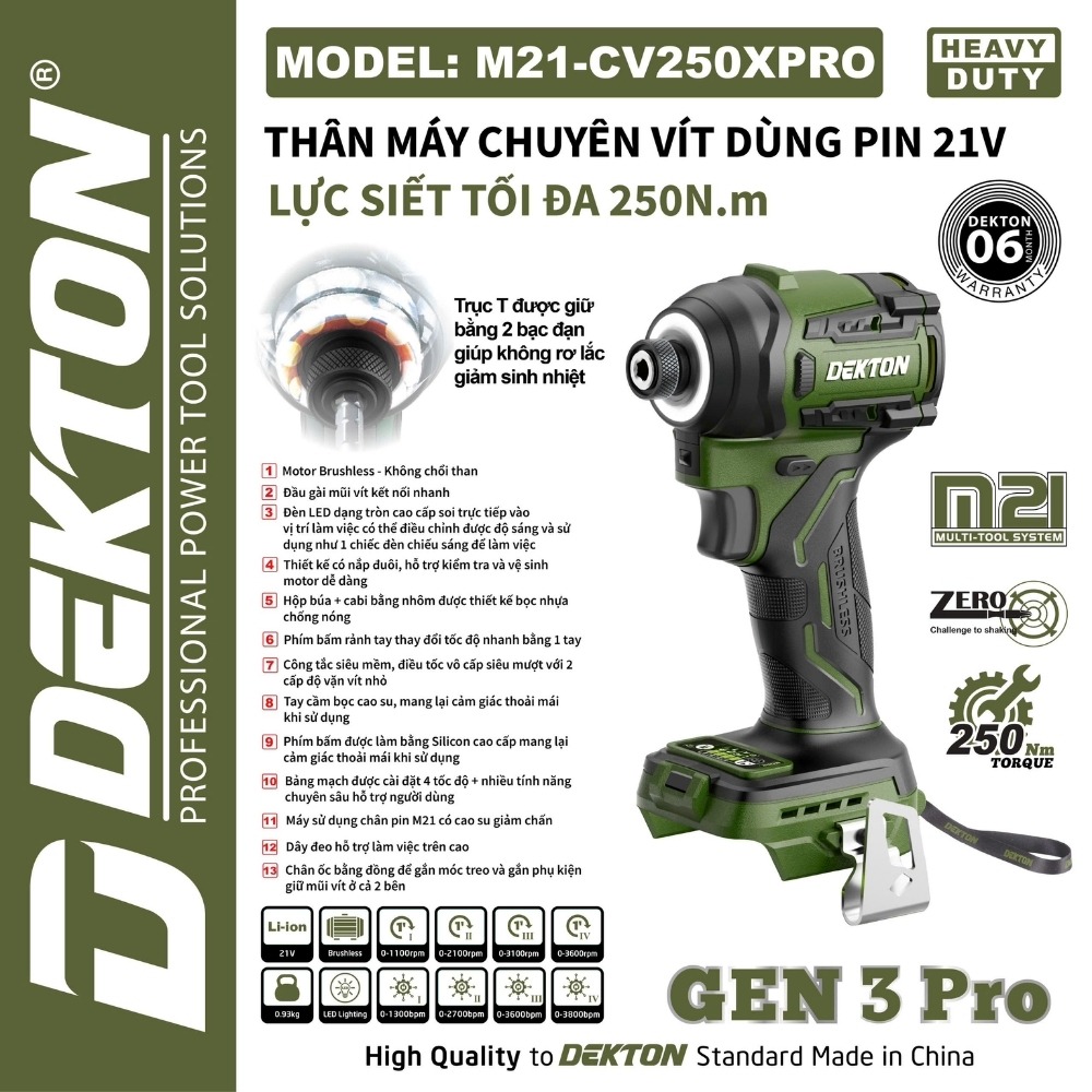 Máy siết vít dùng pin 21V 250Nm Dekton M21-CV250XPRO (màu olive) 2 máy siết vít dùng pin Dekton M21-CV250XPRO (2)