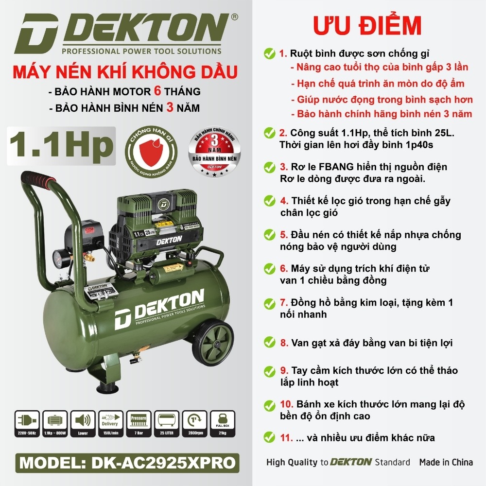 Máy nén khí không dầu 25L 1.1HP Dekton DK-AC2925XPRO 2 DK-AC2925XPRO (2)
