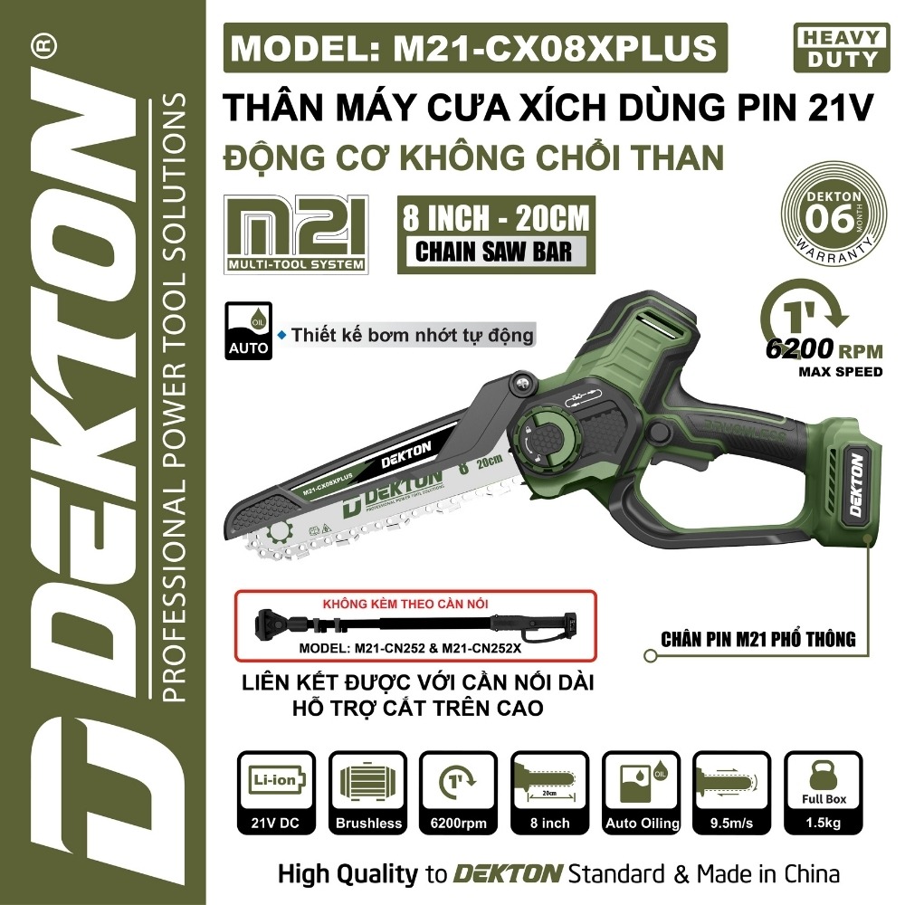 Máy cưa xích pin 21V 8 inch Dekton M21-CX08XPLUS (màu olive) 1 Máy cưa xích pin 21V 8 inch Dekton M21-CX08XPLUS (màu olive)