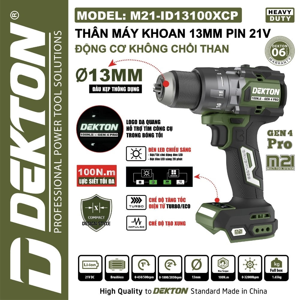 Máy khoan búa pin 21V 100Nm Dekton M21-ID13100XCP (màu olive) 2 Máy khoan búa pin 21V 100Nm Dekton M21-ID13100XCP (màu olive)