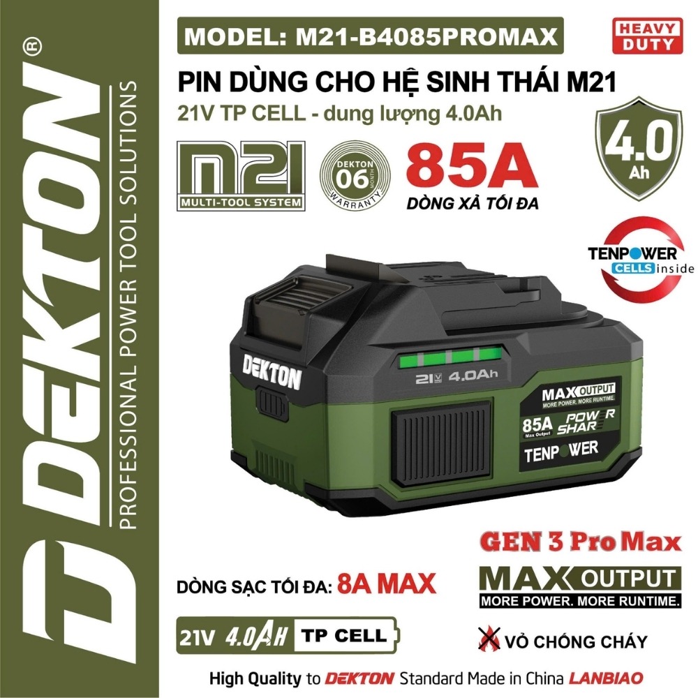 Pin 21V 4.0Ah Dekton M21-B4085PROMAX (dòng xả max 85A) 1 Pin 21V 4.0Ah Dekton M21-B4085PROMAX (dòng xả max 85A)